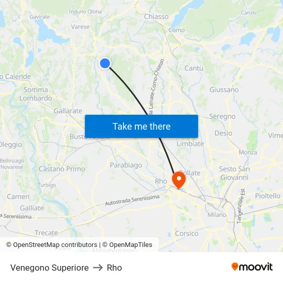 Venegono Superiore to Rho map