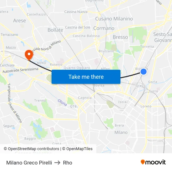 Milano Greco Pirelli to Rho map
