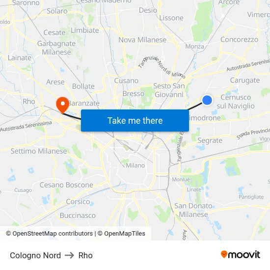 Cologno Nord to Rho map