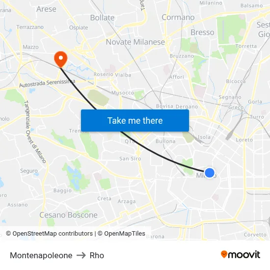 Montenapoleone to Rho map