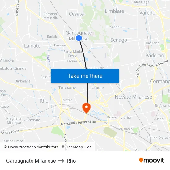 Garbagnate Milanese to Rho map