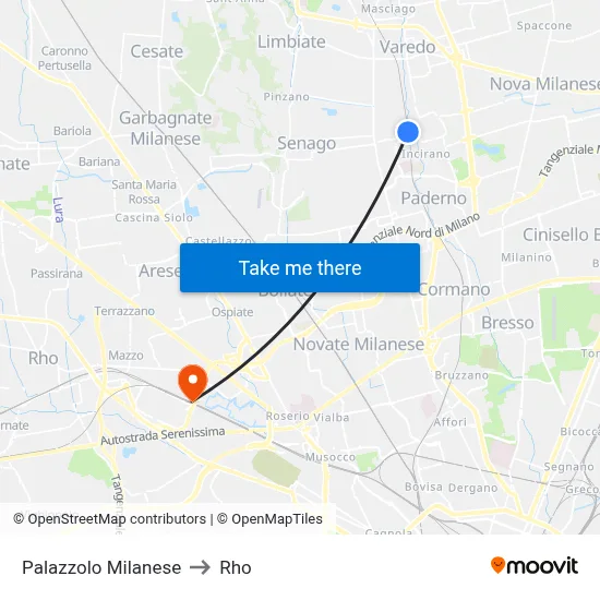 Palazzolo Milanese to Rho map