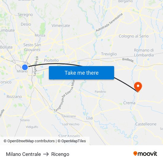 Milano Centrale to Ricengo map