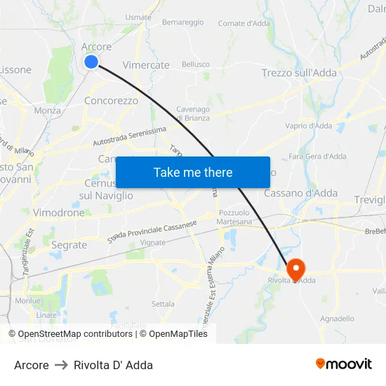 Arcore to Rivolta D' Adda map