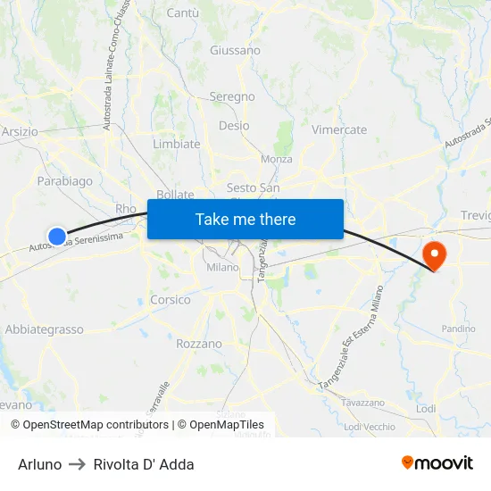 Arluno to Rivolta D' Adda map