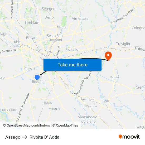 Assago to Rivolta D' Adda map