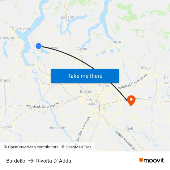 Bardello to Rivolta d'Adda map