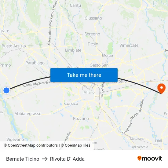 Bernate Ticino to Rivolta D' Adda map