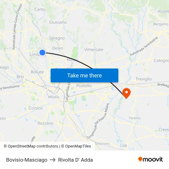 Bovisio-Masciago to Rivolta D' Adda map