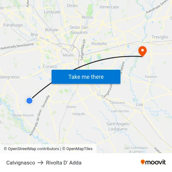 Calvignasco to Rivolta D' Adda map