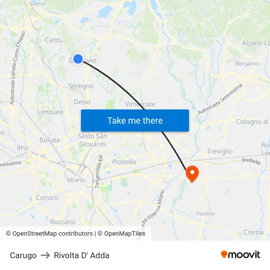 Carugo to Rivolta d'Adda map
