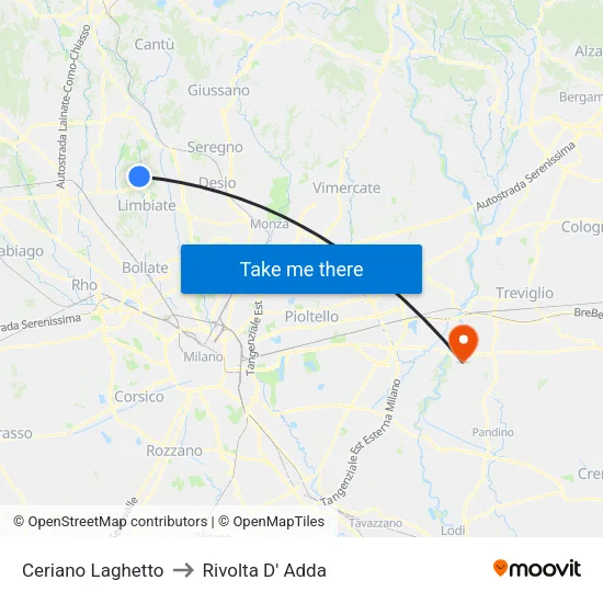 Ceriano Laghetto to Rivolta D' Adda map