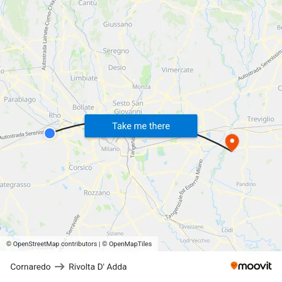 Cornaredo to Rivolta D' Adda map