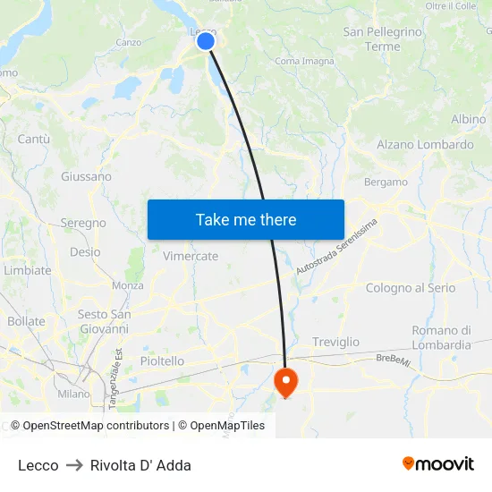 Lecco to Rivolta d'Adda map