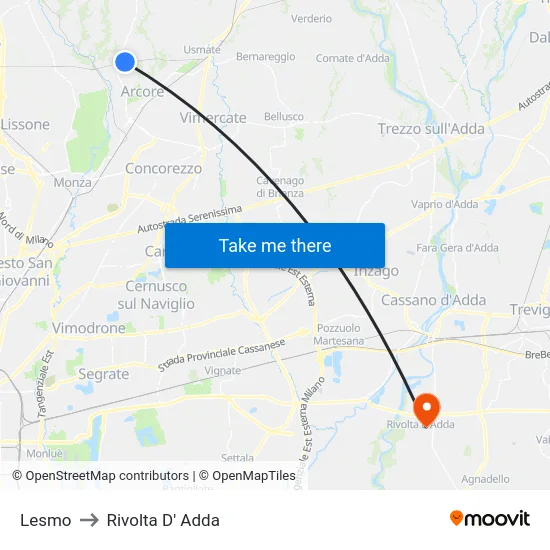 Lesmo to Rivolta d'Adda map