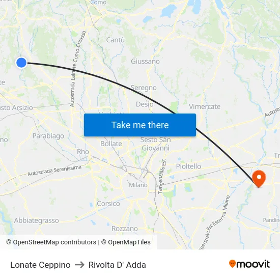 Lonate Ceppino to Rivolta D' Adda map