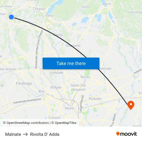 Malnate to Rivolta d'Adda map