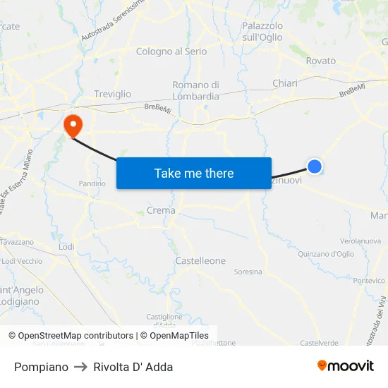 Pompiano to Rivolta D' Adda map