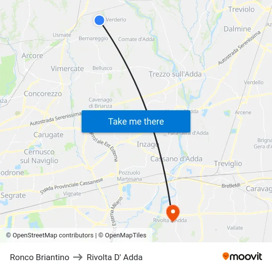 Ronco Briantino to Rivolta D' Adda map
