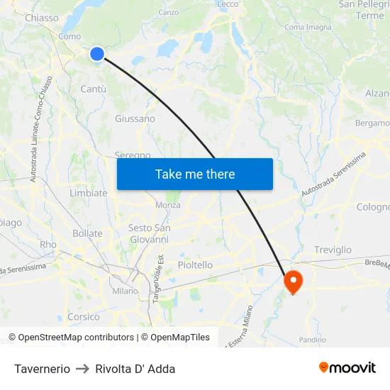 Tavernerio to Rivolta D' Adda map