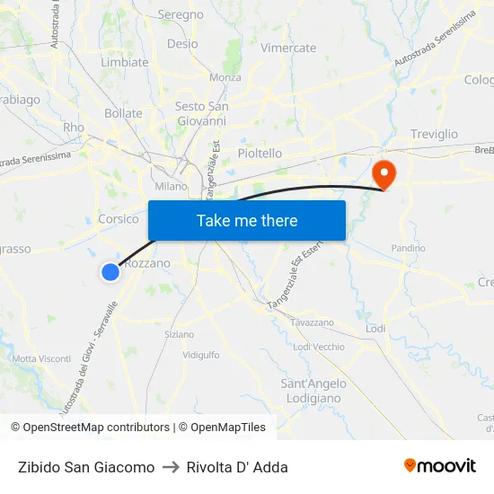 Zibido San Giacomo to Rivolta D' Adda map