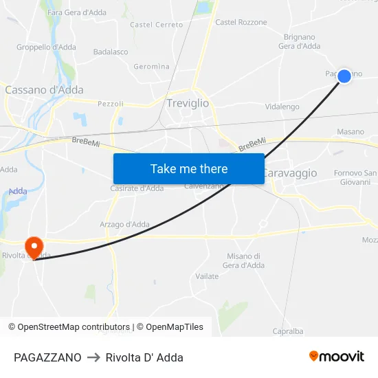 PAGAZZANO to Rivolta D' Adda map