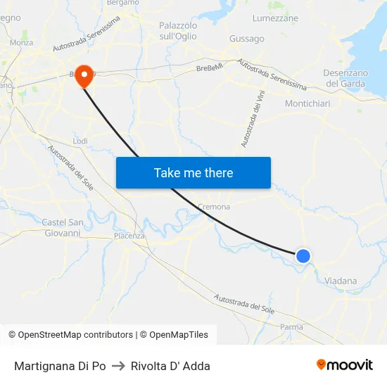 Martignana di Po to Rivolta d'Adda map