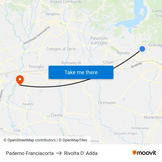 Paderno Franciacorta to Rivolta D' Adda map
