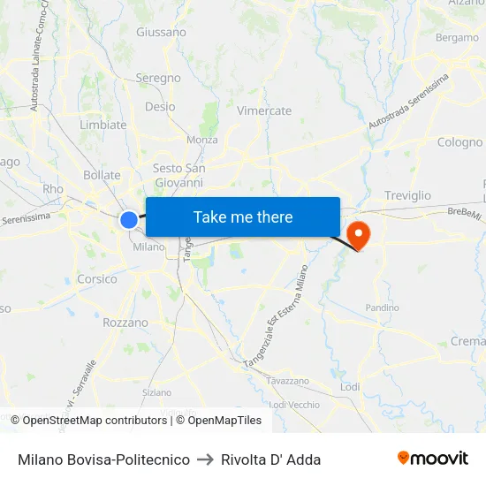 Milano Bovisa-Politecnico to Rivolta D' Adda map