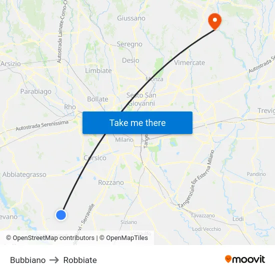Bubbiano to Robbiate map
