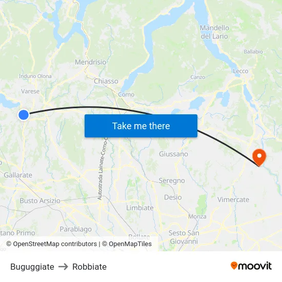 Buguggiate to Robbiate map