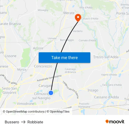 Bussero to Robbiate map