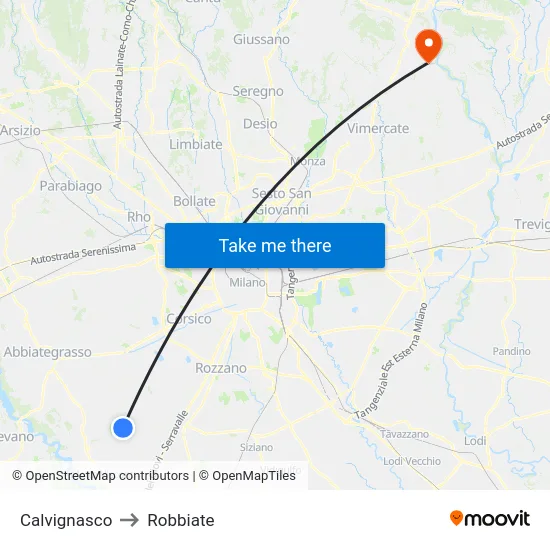 Calvignasco to Robbiate map