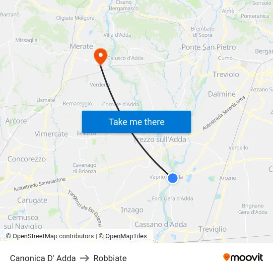 Canonica D' Adda to Robbiate map