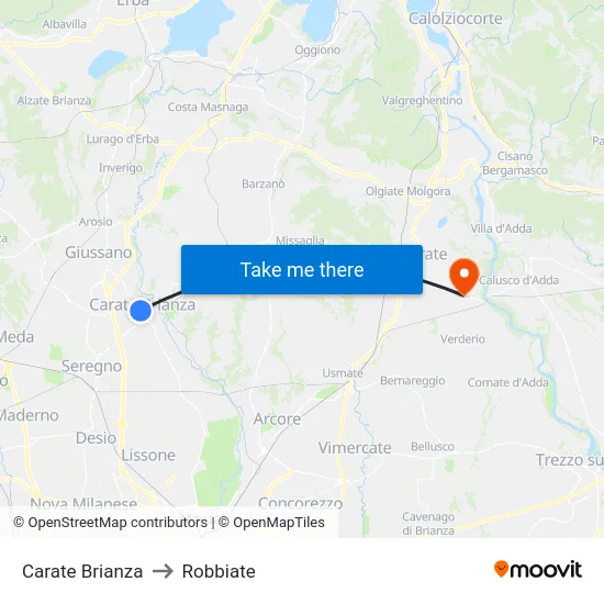 Carate Brianza to Robbiate map