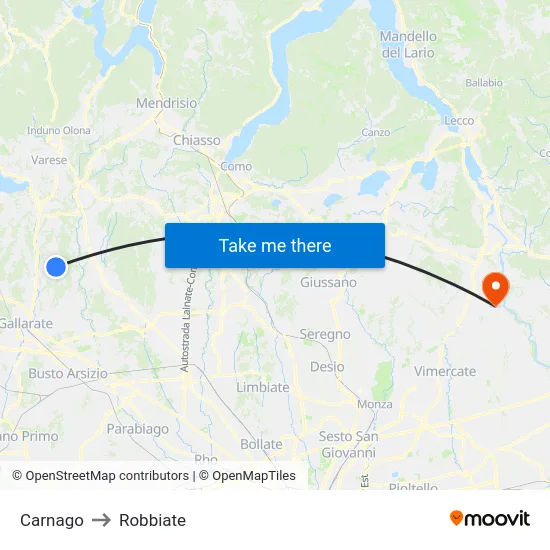 Carnago to Robbiate map