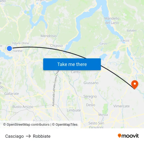 Casciago to Robbiate map