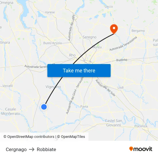 Cergnago to Robbiate map