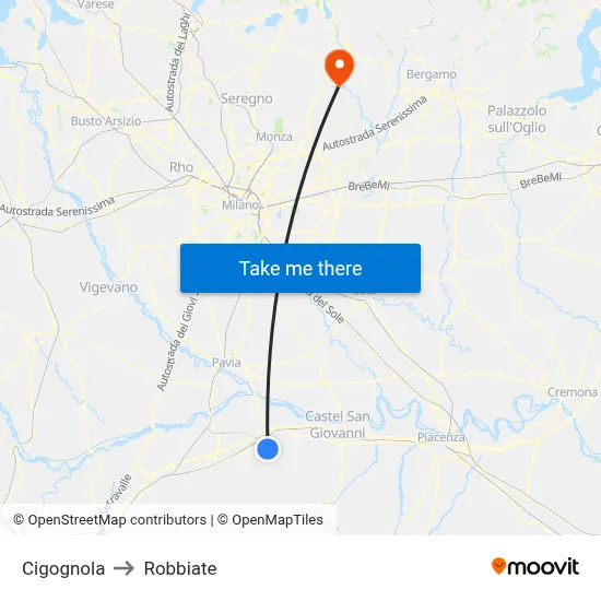 Cigognola to Robbiate map