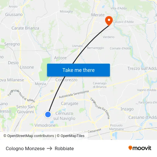 Cologno Monzese to Robbiate map