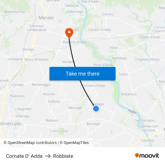 Cornate d'Adda to Robbiate map