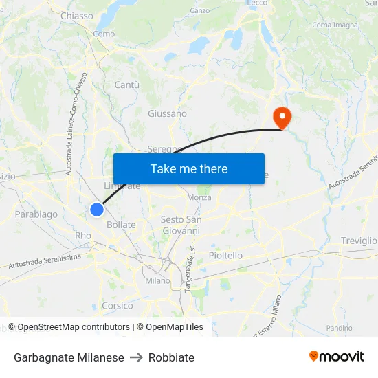 Garbagnate Milanese to Robbiate map