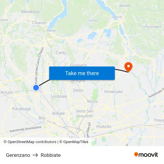 Gerenzano to Robbiate map