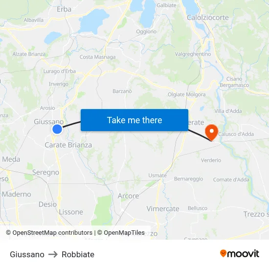 Giussano to Robbiate map