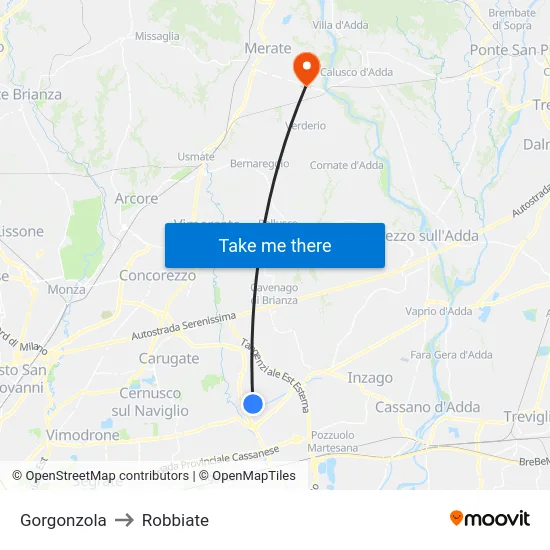 Gorgonzola to Robbiate map