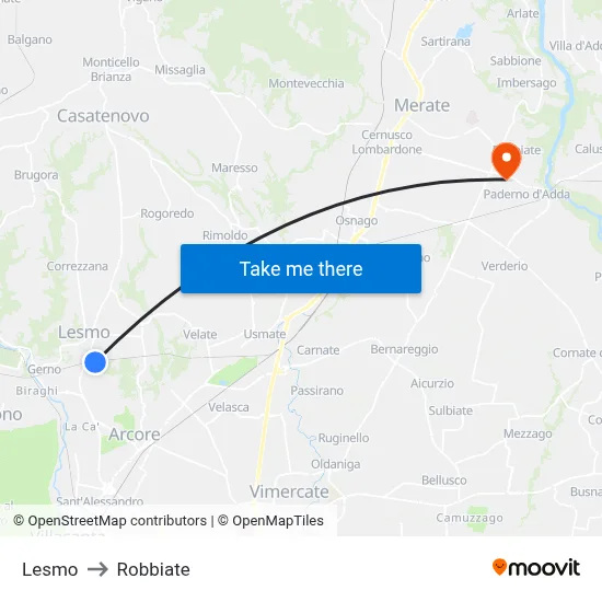 Lesmo to Robbiate map