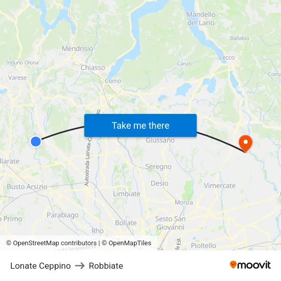 Lonate Ceppino to Robbiate map