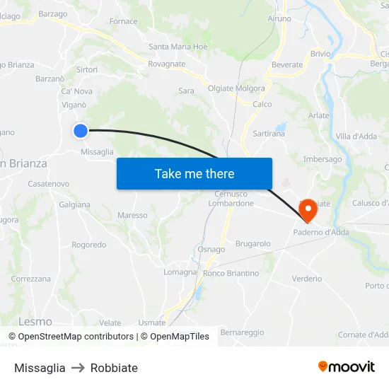 Missaglia to Robbiate map