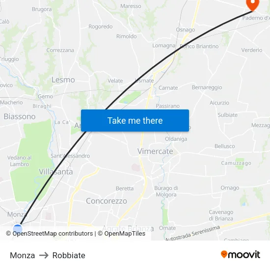 Monza to Robbiate map