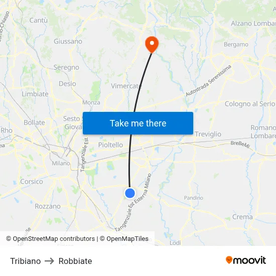 Tribiano to Robbiate map